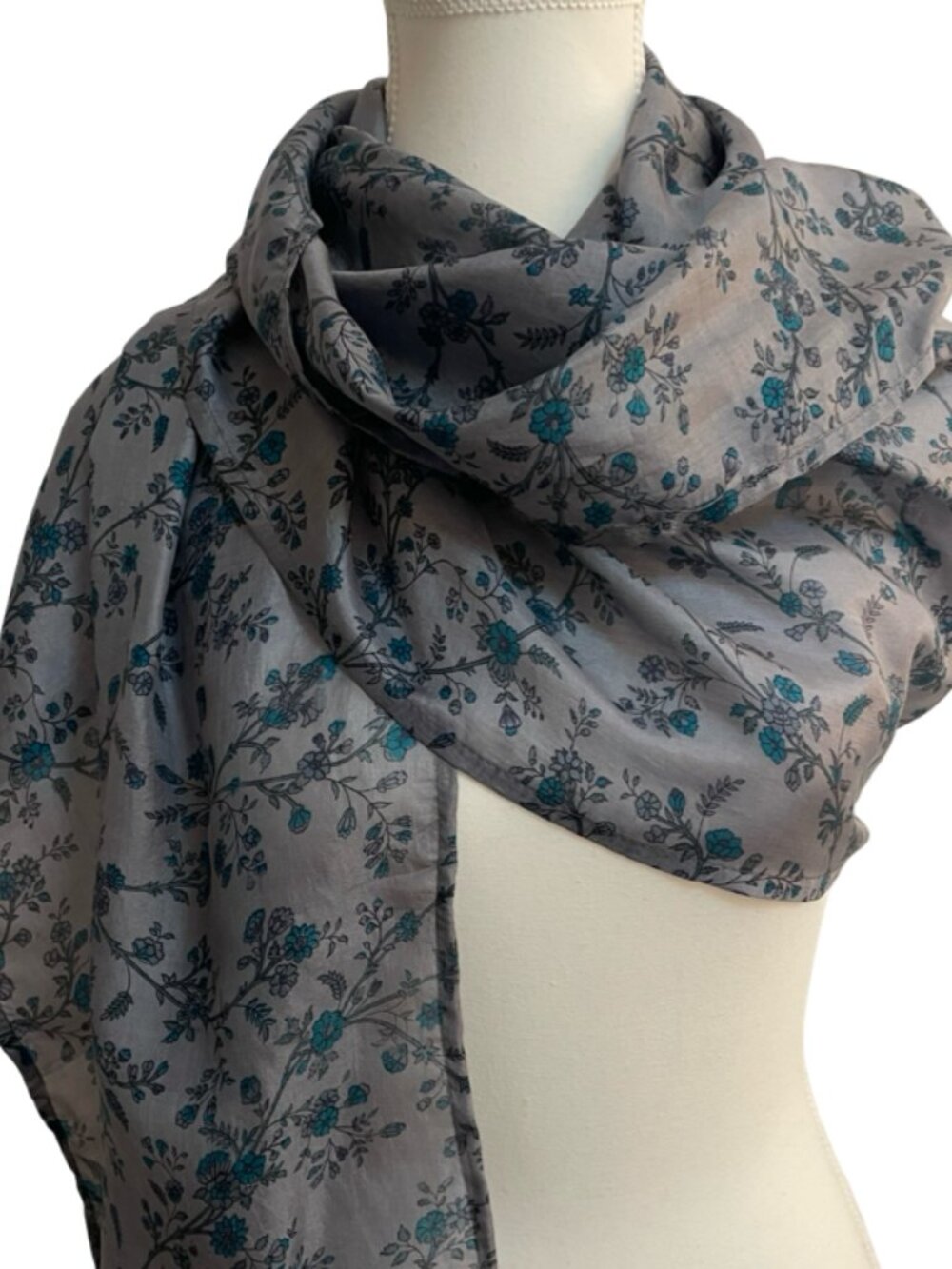 Silk Scarf Indian Floral Gray Blue Teal Long 20 x 70